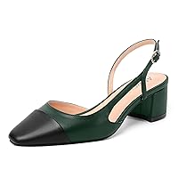Womens Two Tone Buckle Matte Evening Square Toe Slingback Dress Chunky Low Heel Pumps Shoes 2 Inch