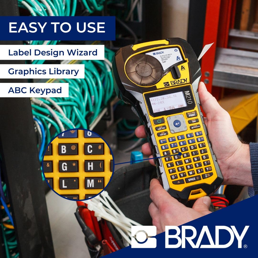 Brady M210 Portable Label Printer with Rubber Bumpers, Multi-Line Print, 6 to 40 Point Font (Replaces BMP21-PLUS Printer), Yellow/Black, 9.5 in H x 4.5 in W x 2.5 in D