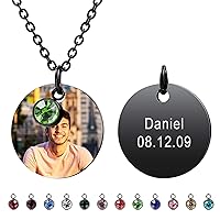 MeMeDIY Personalized Round Pendant Engraving Picture/Text for Men Women Custom Birthstone Photo Necklace Stainless Steel Adjustable Chain Lover Relationship Jewelry Gift