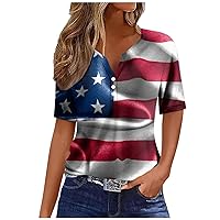 4th of July Shirts Women American Flag T Shirts Women 4th of July Patriotic Shirts Short Sleeve Button V Neck Graphic Tee
