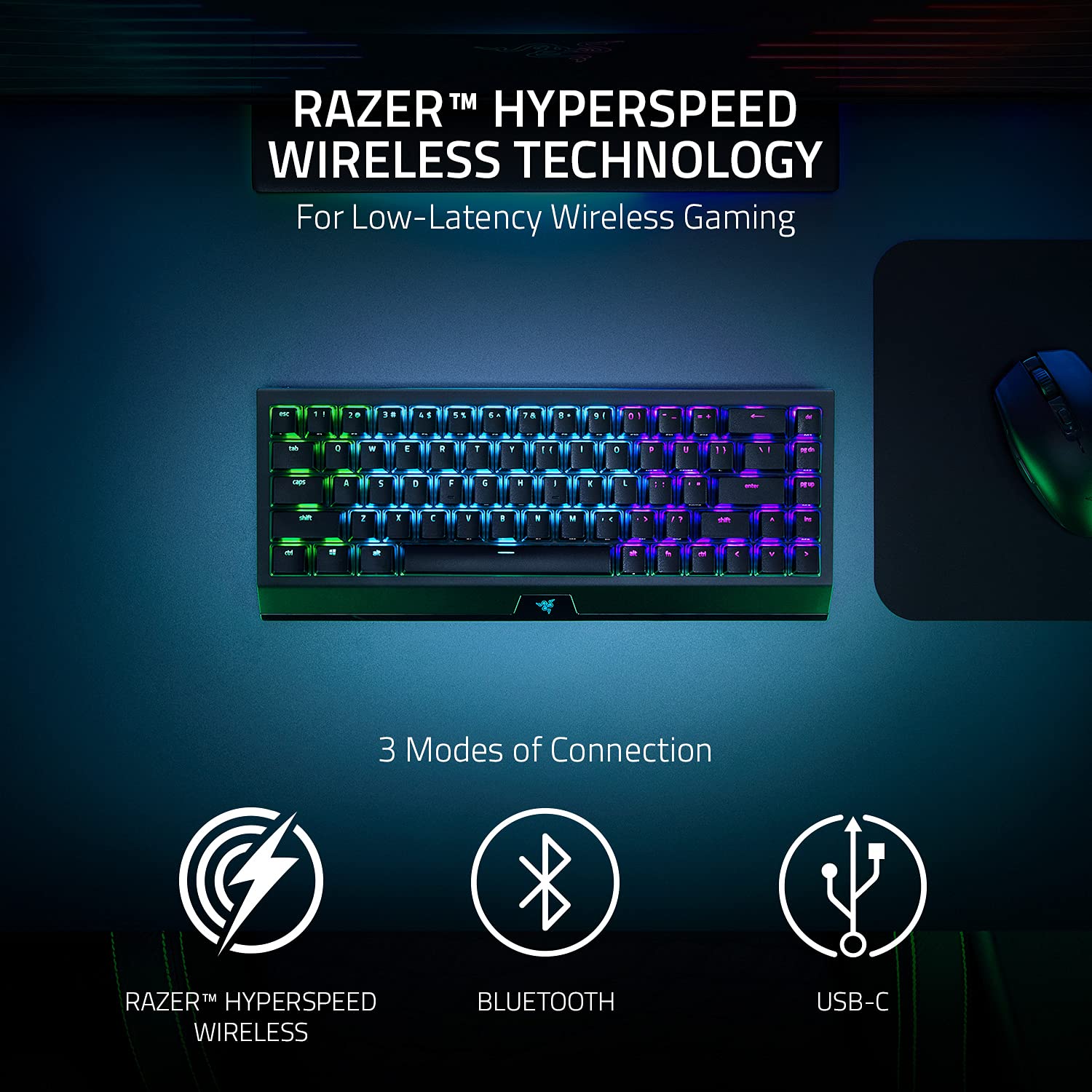 Razer BlackWidow V3 Mini HyperSpeed 65% Wireless Mechanical Gaming Keyboard: HyperSpeed Wireless Technology -Green Mechanical Switches- Tactile & Clicky - Phantom Pudding Keycaps - 200Hrs Battery Life