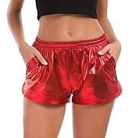 Women Metallic Shorts Sparkly Shiny Elastic Waist Yoga Sport Workout Lounge Shorts with Pockets Summer Hot Pants