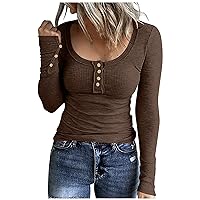 Henley Shirt for Women Ribbed Long Sleeve Tops Scoop Neck Slim Fitted Casual Going Out Tops Basic Tee Shirts