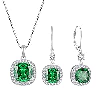 Princess Cut Jewelry Set for Women 925 Sterling Silver Emerald May Birthstone Necklace Halo Dangle Drop Leverback Earrings Jewelry Gifts for Her