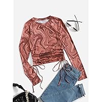 Drawstring Ruched Marbled Tee (Color : Multicolor, Size : Large)