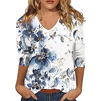 Womens Outfits, Tie Dye Shirt Womans Tops Women's 3/4 Sleeve Shirt Ladies Fashion V-Neck Blouse Summer Tunic Print Trendy 2024 Tee Tshirt Women Outfits Outfits for Women(Blue,Medium)