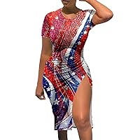 Summer Maxi Dresses for Women 2024 Vacation,Women Casual Fashion Short Sleeve Skinny Drawstring Slit Independen