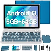 YQ10SGOLD 10.1-Inch Android 13 Tablet with 6GB RAM, 64GB ROM, Dual Cameras, 2-in-1 Keyboard, Foldable Case, GPS