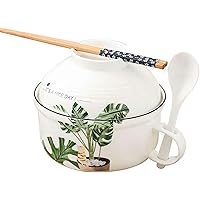 Ceramic Noodle Bowl, Soup Bowl With Lid, 900Ml Ceramic Instant Noodle Bowl, Ceramic Ramen Bowl With Handle And Chopsticks,Microwave Bowl, Suitable For Student Dormitory Office Home Use