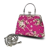 Floral Top-Handle Handbag Kiss Lock Evening Bag Women Canvas Shoulder Bag Rose-red