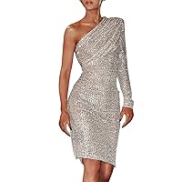 Dress with Built in Bra,Women's One Shoulder Slant Neck Wrap Chest Sequins Sexy Evening Dress Date Might Dress