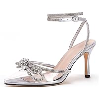 VETASTE Women's Double Bow Pointed Toe Ankle Strap Crystal Pumps Wedding Bridal Party Stilettos Backless Satin Heeled Sandals