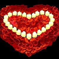 Valentines Decor 1000 Pieces Artificial Rose Petals with 24 Pcs Heart Shaped LED Candles Flameless Romantic Love LED Tea Lights for Night Light Valentine's Day Anniversary Wedding Table Decor