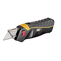 Cat Safety Utility Knife Box Cutter Self-Retracting Blade, Squeeze Handle to Extend Blade, Release to Retract, Lock Blade Open w/Switch, Ergo Handle w/ 3 Safety-Tip Blades That Store Inside - 240071