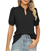 Women's Ruffle Trim V Neck T-Shirts Pleated Puff Sleeve Fashion Tops Summer Tee Blouses Casual Loose Fit Tunic Shirt