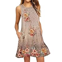 Women Sundress Summer Dresses for Women 2024 Floral Print Vintage Fashion Casual Loose Fit with Sleeveless Scoop Neck Dress Gray Medium