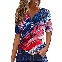 Women Button V Neck Henley Shirts Women 4th of July Stars Stripes Patriotic Tops Casual Short Sleeve Ladies Blouses