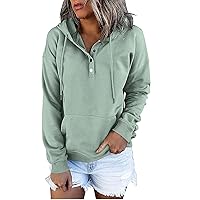 Women V Neck Button Hoodies 2023 Hooded Sweatshirt Cute Fleece Pullover Tops Fashion Plain Athletic Sweater Shirts