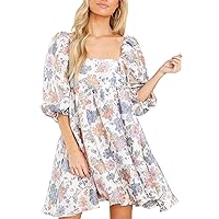 Womens Puff Sleeve Floral Print Dress Babydoll Square Neck A Line High Waist Ruched Summer Mini Dresses