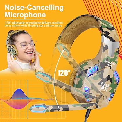 VersionTECH. G2000 Gaming Headset for PS5 PS4 Xbox One Controller,Bass Surround Noise Cancelling Mic,Over Ear Headphones with LED Lights for Mac Laptop Xbox Series X Nintendo Switch NES PC Games-Camo