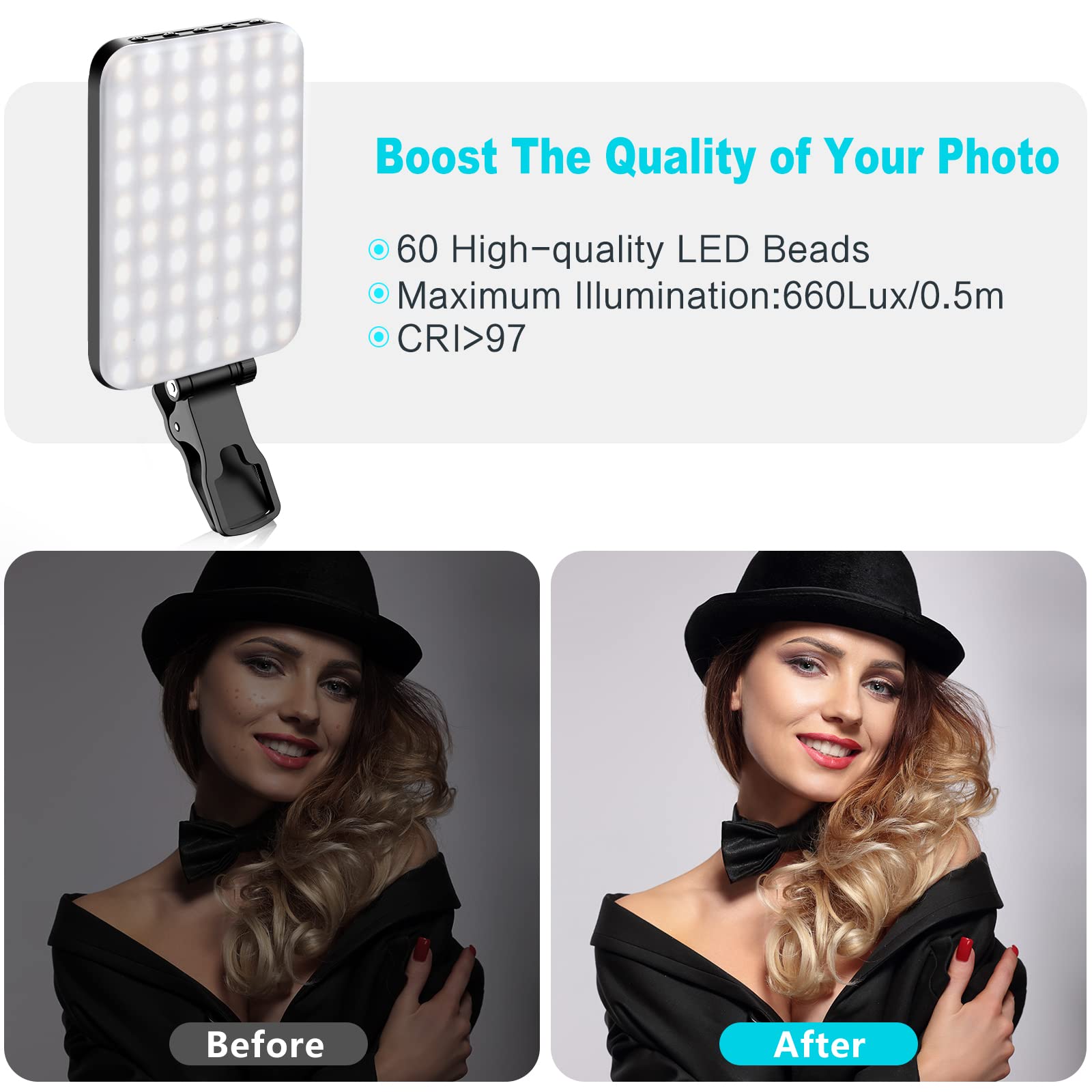 ANAUTIN Selfie Light, 60 LED 2200mAh Rechargeable Cell Phone Fill Light 7 Modes, 10-Level Brightness, Portable Clip on Light for Phone/Tablet/Laptop, Zoom Call Vlog Makeup TikTok Video Fill Light