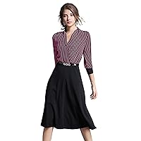 LAI MENG FIVE CATS Women's V Neck Business Striped/Gingham/Solid Work A line Midi Dress