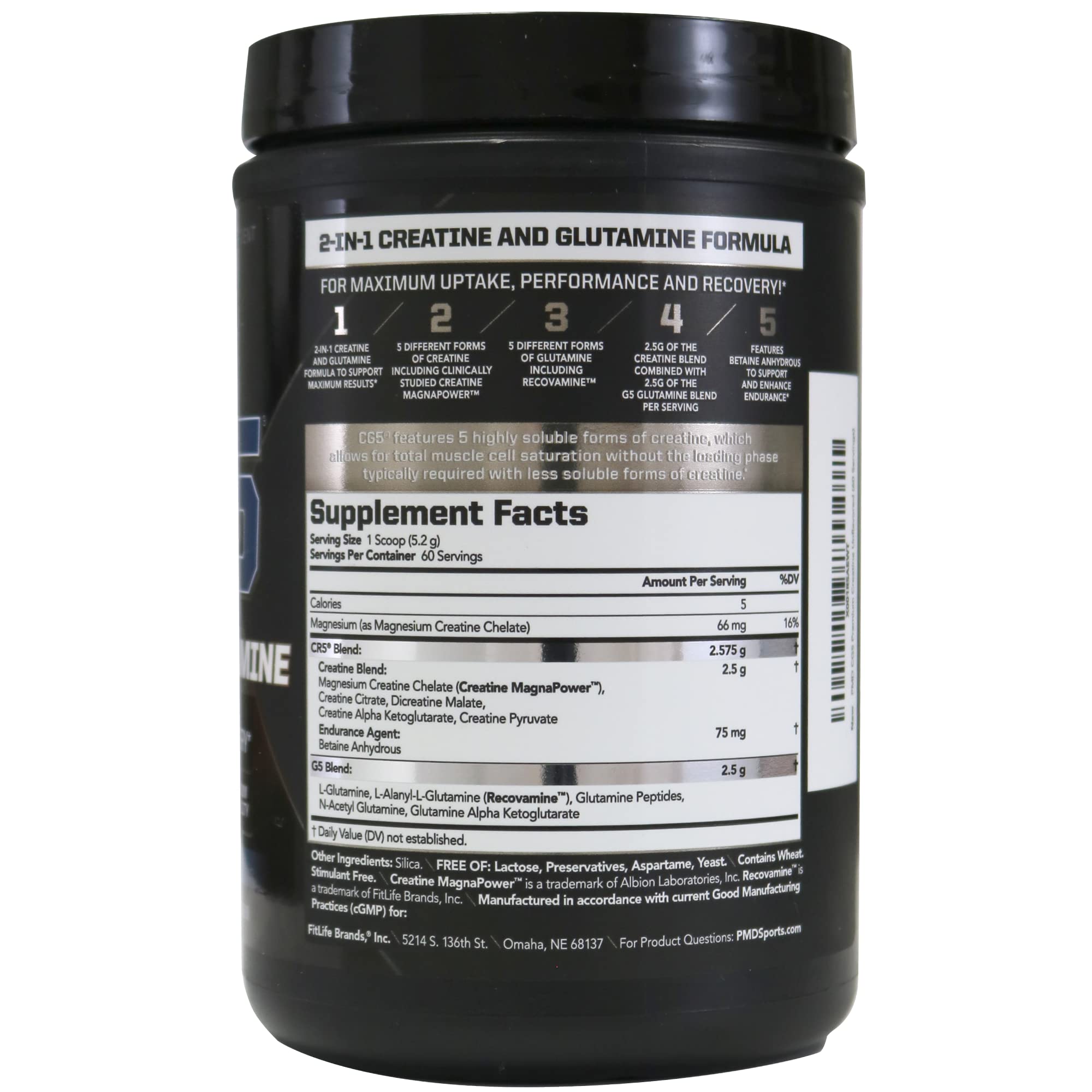 PMD Sports CG5 - Premium Creatine and L Glutamine Powder - Maximum Strength Power Recovery, Build Lean Muscle, Increase Workout Performance - Pre Workout and Post Workout - Unflavored (60 Servings)
