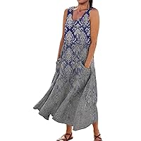 Linen Summer Dresses Vintage Dress for Women Fashion Print Casual Loose Flowy Beach Dresses Sleeveless U Neck Linen Dress with Pockets Blue 3X-Large