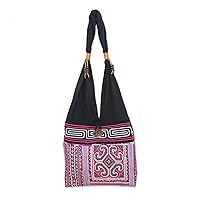 NOVICA Handmade Cotton Shoulder Bag Pink Black Bohochic from Thailand 'Thai Brilliance'