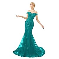 Elinadress Women's Off Shoulder Long Lace Prom Dress Mermaid Beaded Evening Gown