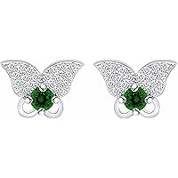 Round Cut Emerald & Cubic Zirconia 14k White Gold Plated 925 Sterling Silver Cute Butterfly Stud Earrings For Womens.