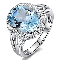 Kardy Fashion Natural Blue Aquamarine Gemstone Real Diamond Solid 14K White Gold for Women Lady Wedding Engagement Band Ring Set
