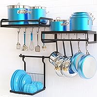 ETECHMART Hanging Pot Rack, 3 in 1 Wall Mounted Pan Holder with 10 Hooks, Heavy Duty Iron Dish Rack Cookware Organizer, Kitchen Storage Shelf for Utensils, 2 Installation Way, Easy Assembly, Black