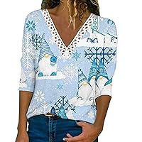Womens Lace Crochet V Neck Top Christmas Long Sleeve Tee Shirts Dressy Casual Holiday Party Blouse Cute Tshirt Tunic