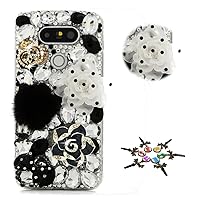 STENES LG G7 Case, LG G7 ThinQ Case - Stylish - 100+ Bling Crystal - 3D Handmade Bling Camellia Flowers Crown Polka Dot Bowknot Design Protective Cover Case for LG G7 ThinQ - Black&White