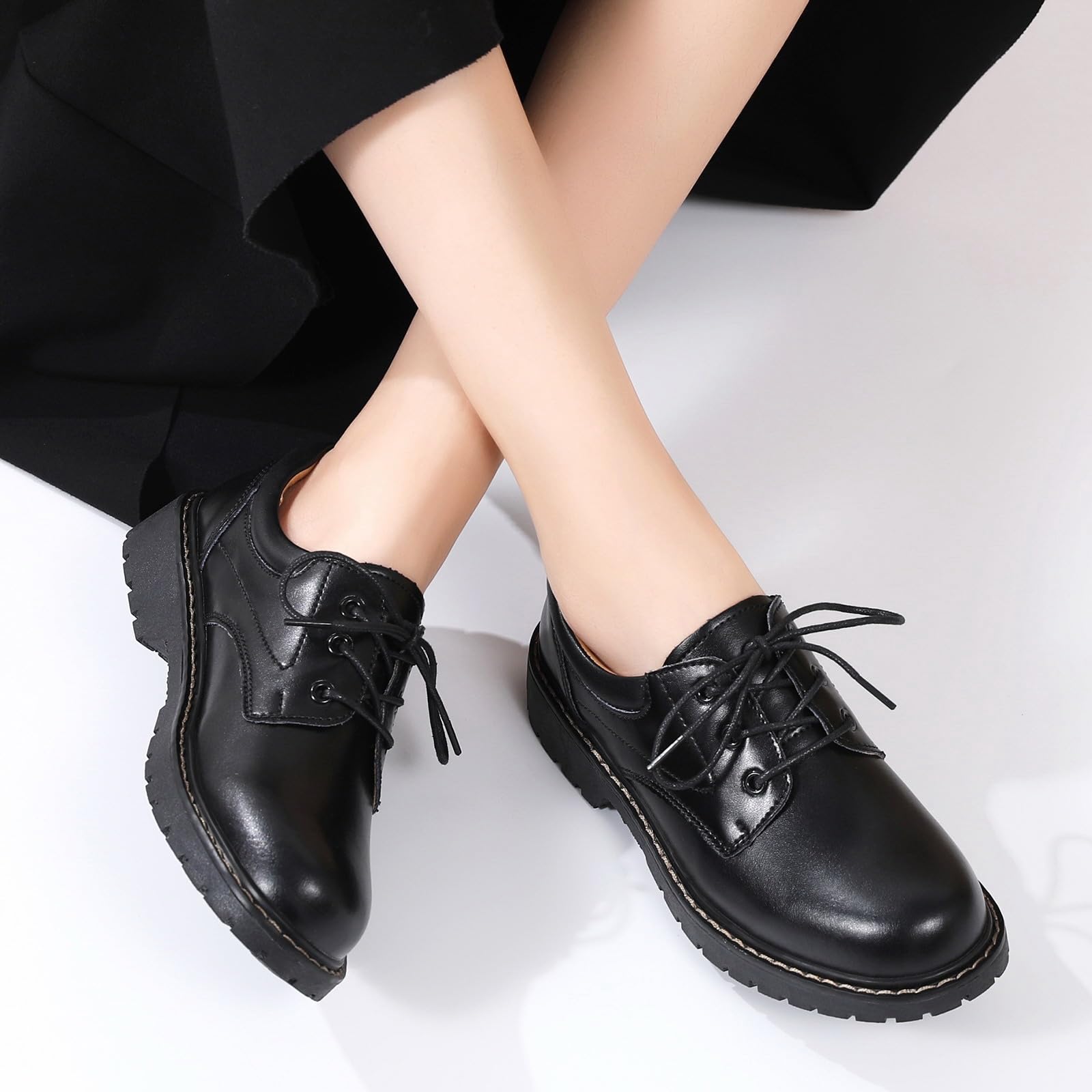 IUY Black Oxford Shoes for Women Leather Work Office Non Slip Dress Shoes Comfortable Shoes