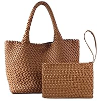 Woven Tote Bag for Women, Vegan Leather Handwoven Bags with Small Handmade Purse, Large Travel Braided Top Handle Handbags