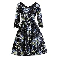 Womens Circle Black Floral Gothic Prom Wedding Guests Party Dresses with Sleeves
