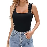 HERLOLLYCHIPS Sexy Tank Tops for Women Square Neck Ruffle Strap Ribbed Knit Tight Stretchy Sleeveless Shirts