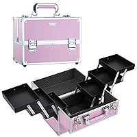Makeup Train Case Large Portable Cosmetic Case - 6 Tier Trays Professional Makeup Storage Organizer Box Make Up Carrier with Lockable keys - Pink