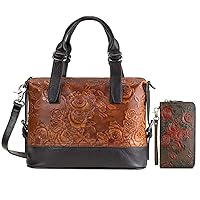 Women Tote Handle Satchel Vintage Embossing Rose and Women’s RFID Blocking Wallet Coffee Bundle