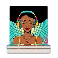 African American Women Ceramic Coaster with Cork Base Absorbent Drink Coaster Great Housewarming Gift Square 3.7 Inches 4PCS