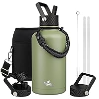 Half Gallon Insulated Water Bottle with Straw,64oz 3 Lids Water Jug with Carrying Bag,Paracord Handle, Double Wall Vacuum Stainless Steel Metal Flask,Camp Green