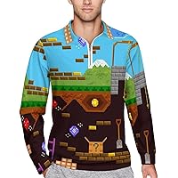 Retro Video Game Playing Men's Zippered Polo Shirts Pullover Long Sleeve Golf T-Shirt Casual Sports Tee