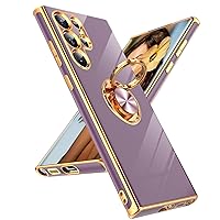 LeYi for Samsung Galaxy S22 Ultra Case: 360° Rotatable Ring Holder Magnetic Kickstand, Plating Rose Gold Edge Protective Samsung Galaxy S22 Ultra Case, Purple