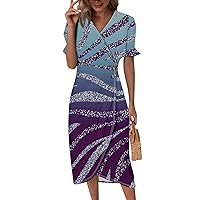 2024 Beach Dresses for Women Print Elegant Wrap V Neck Short Sleeve Boho Dress Flowy Ruched Hawaiian Maxi Dress