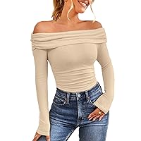 Women's Off Shoulder Tops Y2K Slim Fit Long Sleeves Spring Fall Blouse Tops Going Out Nightout Shirt