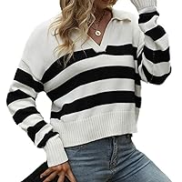 Sweaters for Women Women's Sweater 2021 Long-Sleeved Knitted Top Women Loose Striped Contrast Color Pullover Sweater (Color : Black+White, Size : Small)