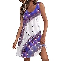 July 4th Clothes 4th of July Dress Women 2024 American Print Vintage Fashion Casual with Sleeveless Round Neck Sundresses Purple 3X-Large