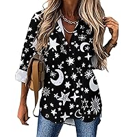 Moons and Stars Long Sleeve Shirts for Women Print Fashion Casual Button Down Tee Tops